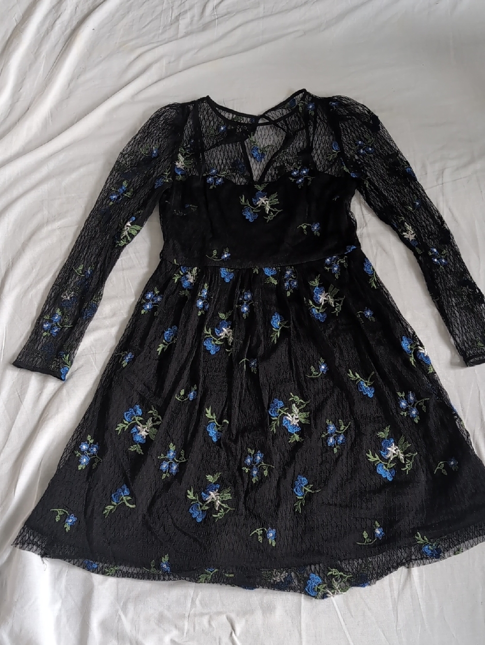 Taylor Black Long-Sleeve Floral Lace Dress with Blue Embroidery